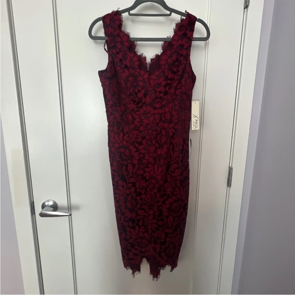 Eliza J NWT Red Cranberry A Line Formal Lace Cocktail Sheer Sleeve Dress Size 2